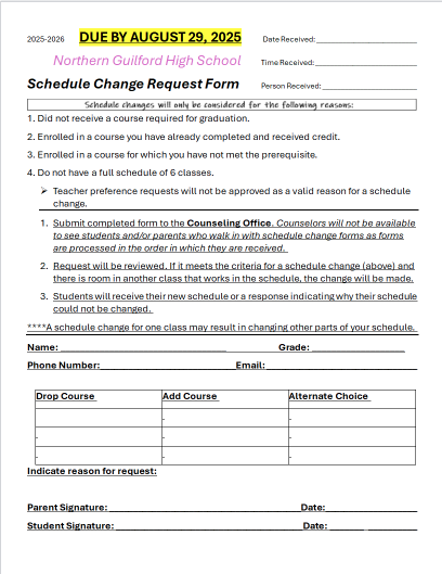 Schedule Change Request Form Due by 8/29/25
